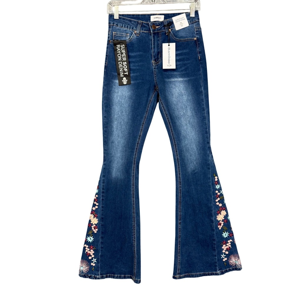 Bamboo Floral Embroidered Flare Jeans Womens 5 Blue Boho Super Soft Rayon NWT